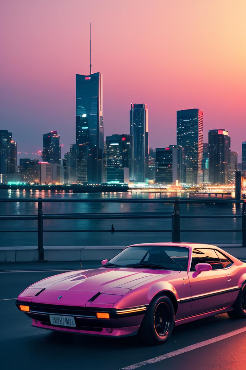 395152-2753433241-Futuristic car parked with a city in the background,car in the center of the photo,retro neon,retrowave art,sunset,extremely det.png